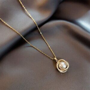 3/$35 Titanium Steel Pearl Necklace Gold Dainty Crystal Zirconia Pendant Jewelry